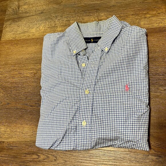 M - Polo Ralph Lauren Pink Logo Blue Gingham Men's Long Sleeve Shirt - Details - Picture 1 of 6